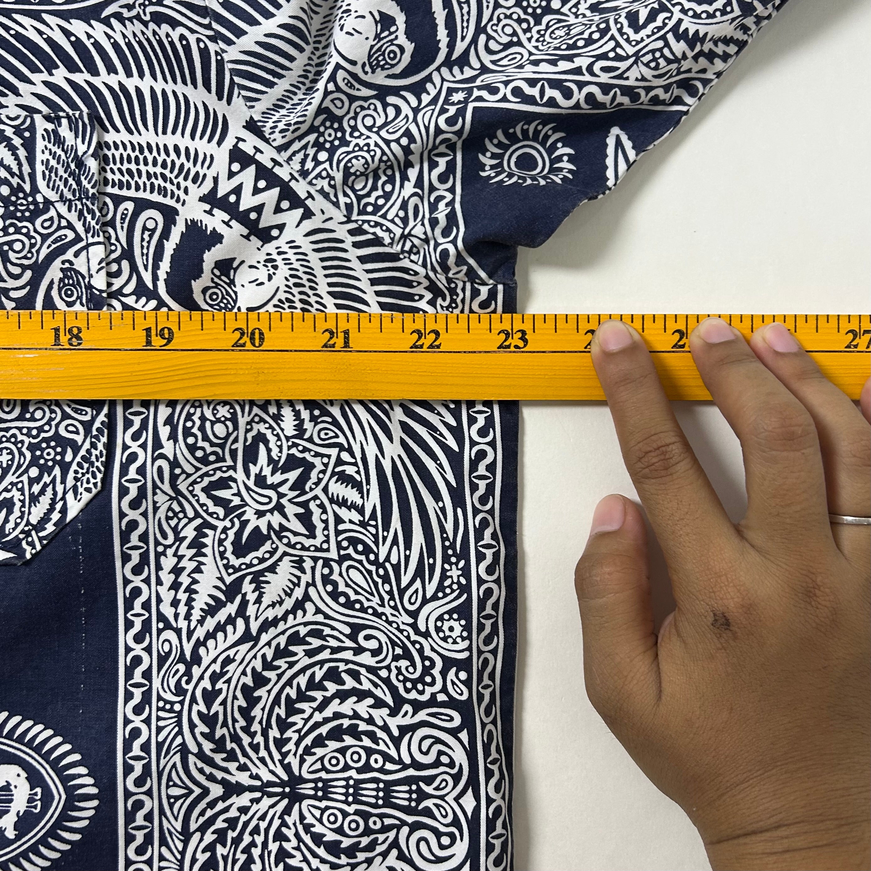 Vintage Stussy Paisley Bandana Pattern Shirt in Navy with multiple yellow stains (Size Large)