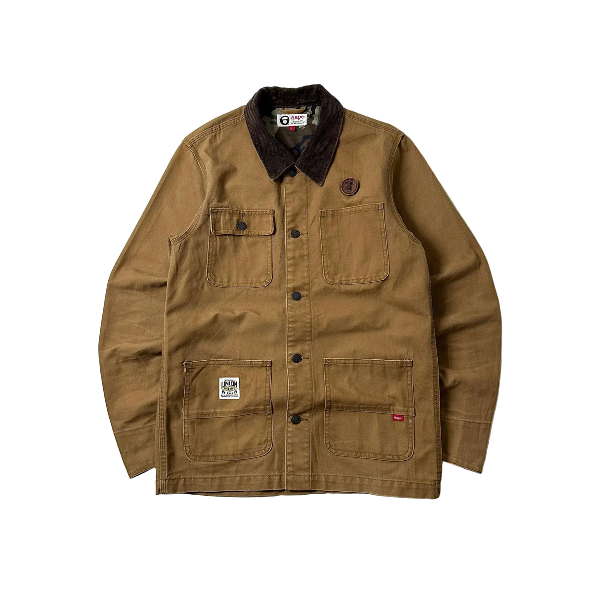 AAPE by A Bathing Ape Chore Coat Jacket Corduroy Collar in Brown Canvas (Size Large)