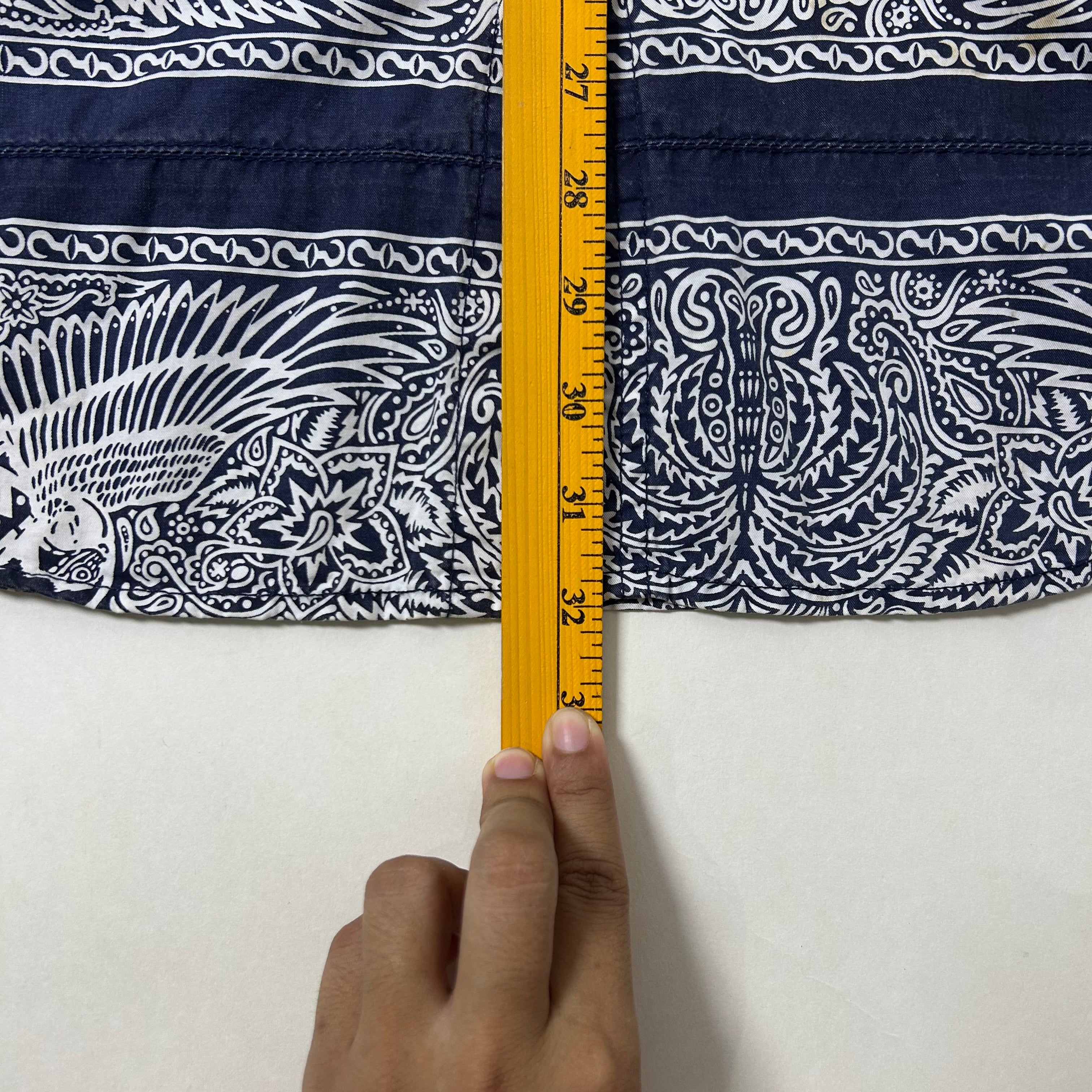 Vintage Stussy Paisley Bandana Pattern Shirt in Navy with multiple yellow stains (Size Large)