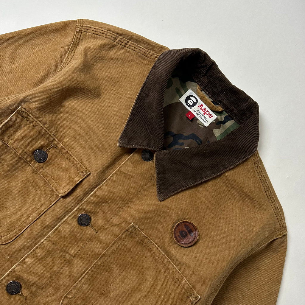 AAPE by A Bathing Ape Chore Coat Jacket Corduroy Collar in Brown Canvas (Size Large)