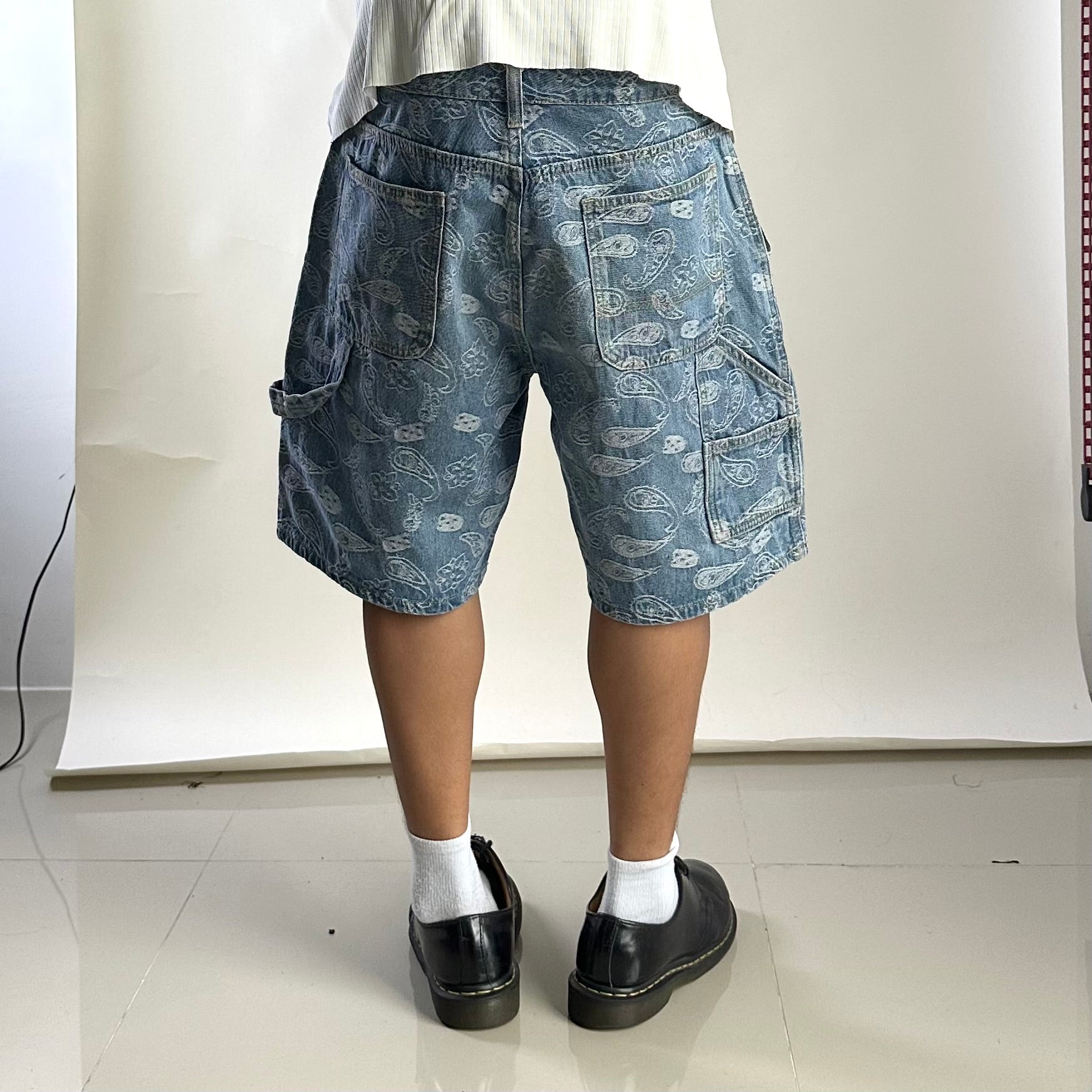 Paisley Bandana Carpenter Jorts in Light Wash Blue (Size 30-31)