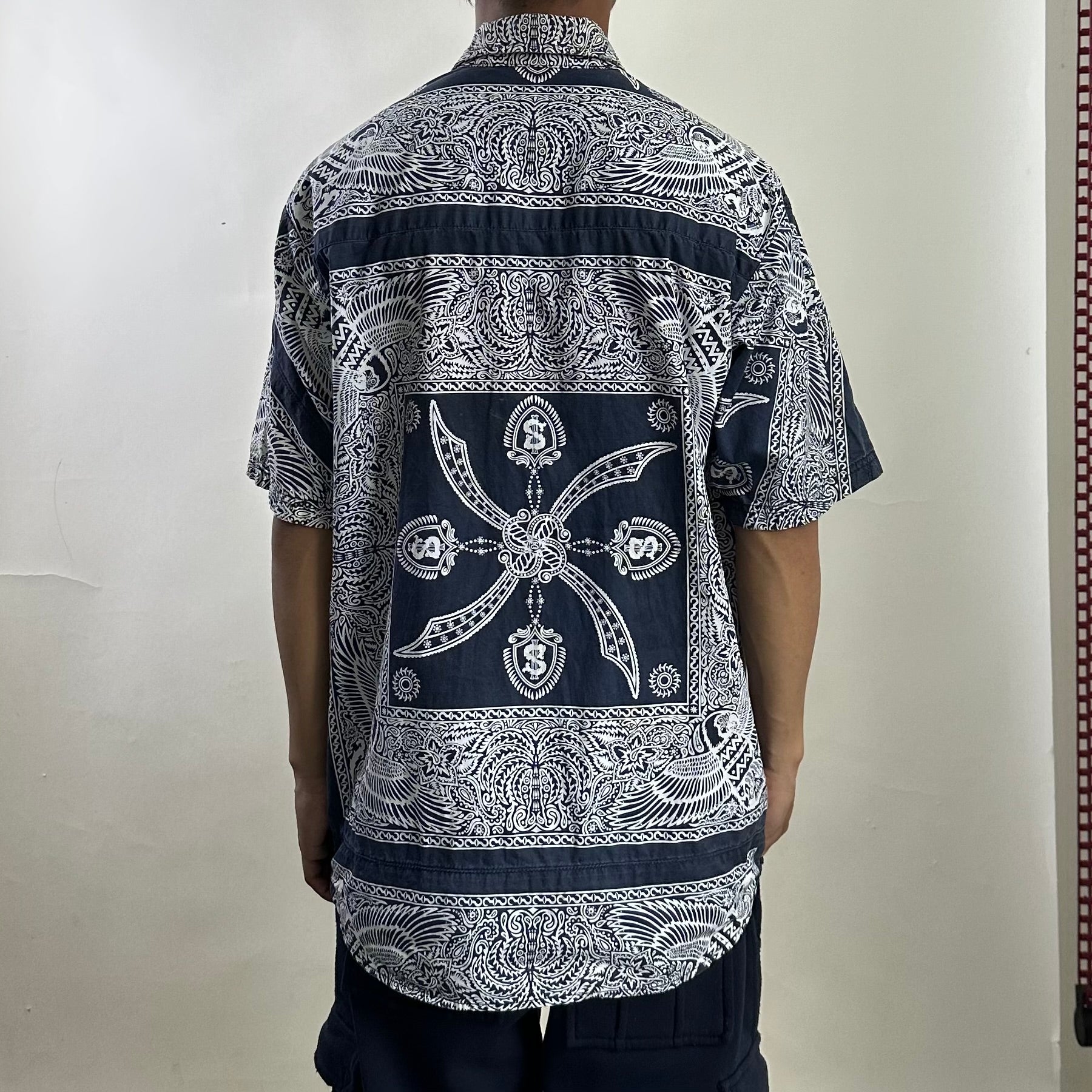 Vintage Stussy Paisley Bandana Pattern Shirt in Navy with multiple yellow stains (Size Large)