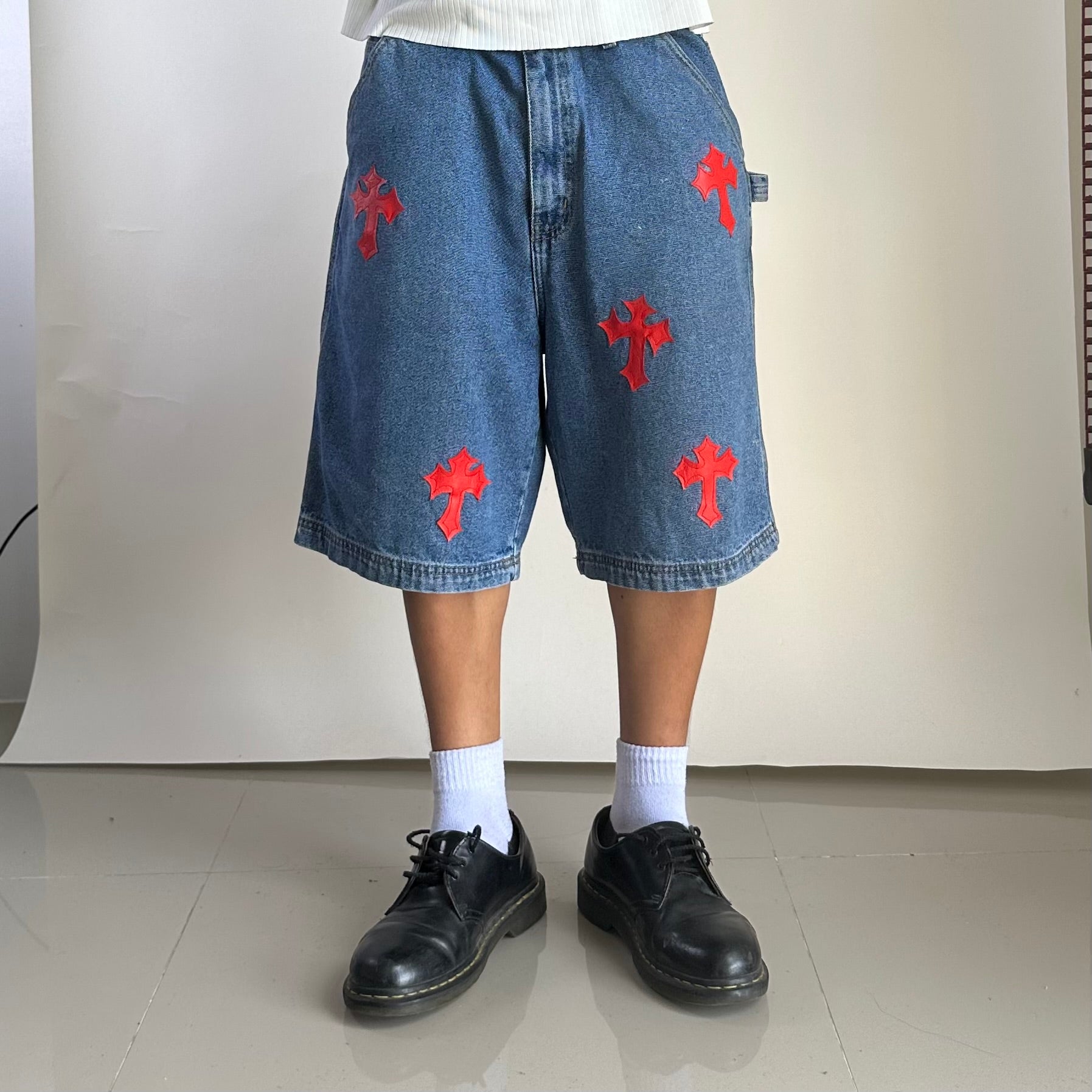 Carpenter Jorts with Chrome Hearts Customized Cross Patches (Size 34) — SOLD
