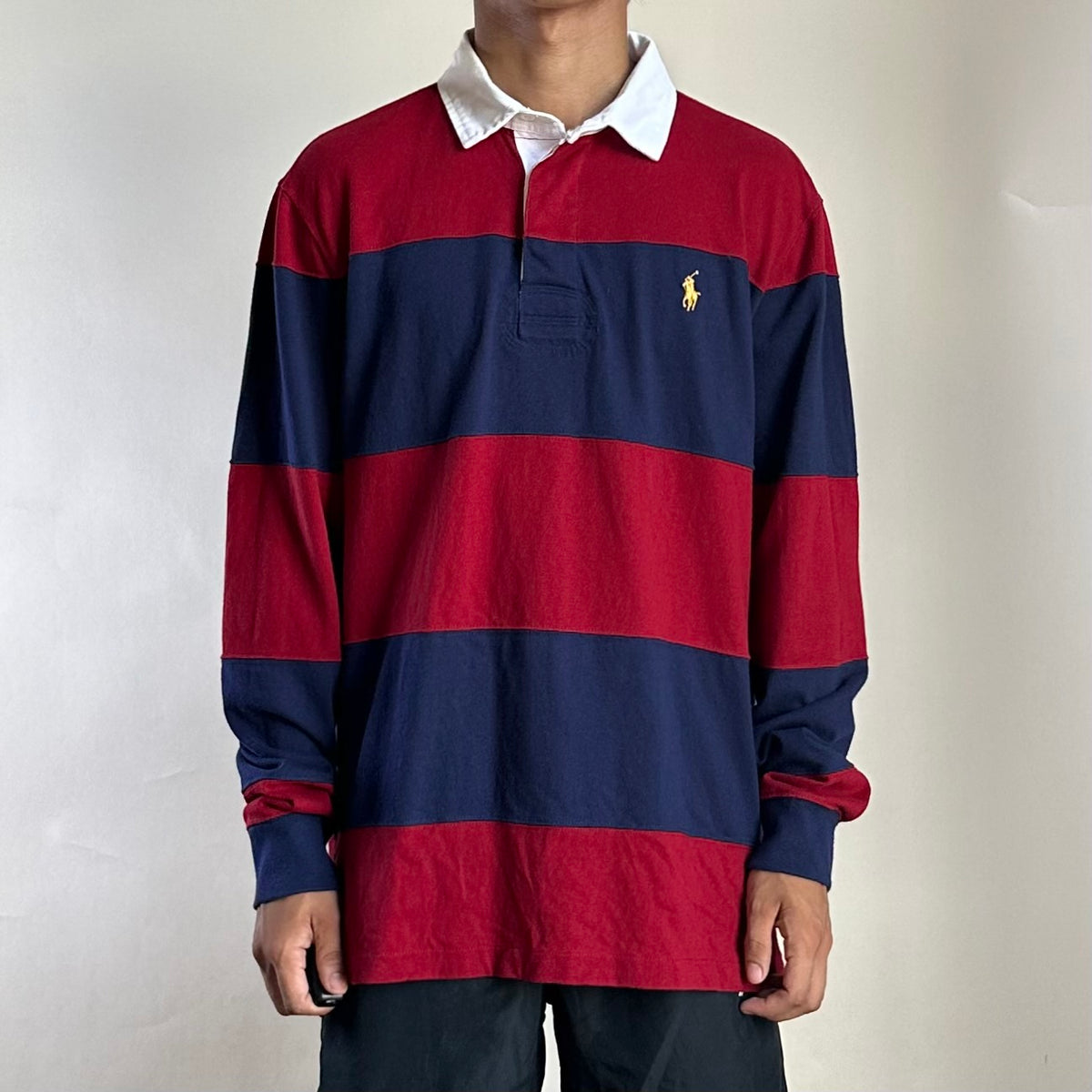 Ralph Lauren Iconic Striped Rugby Shirt in Burgundy & Navy Blue ( Size Large ) — SOLD