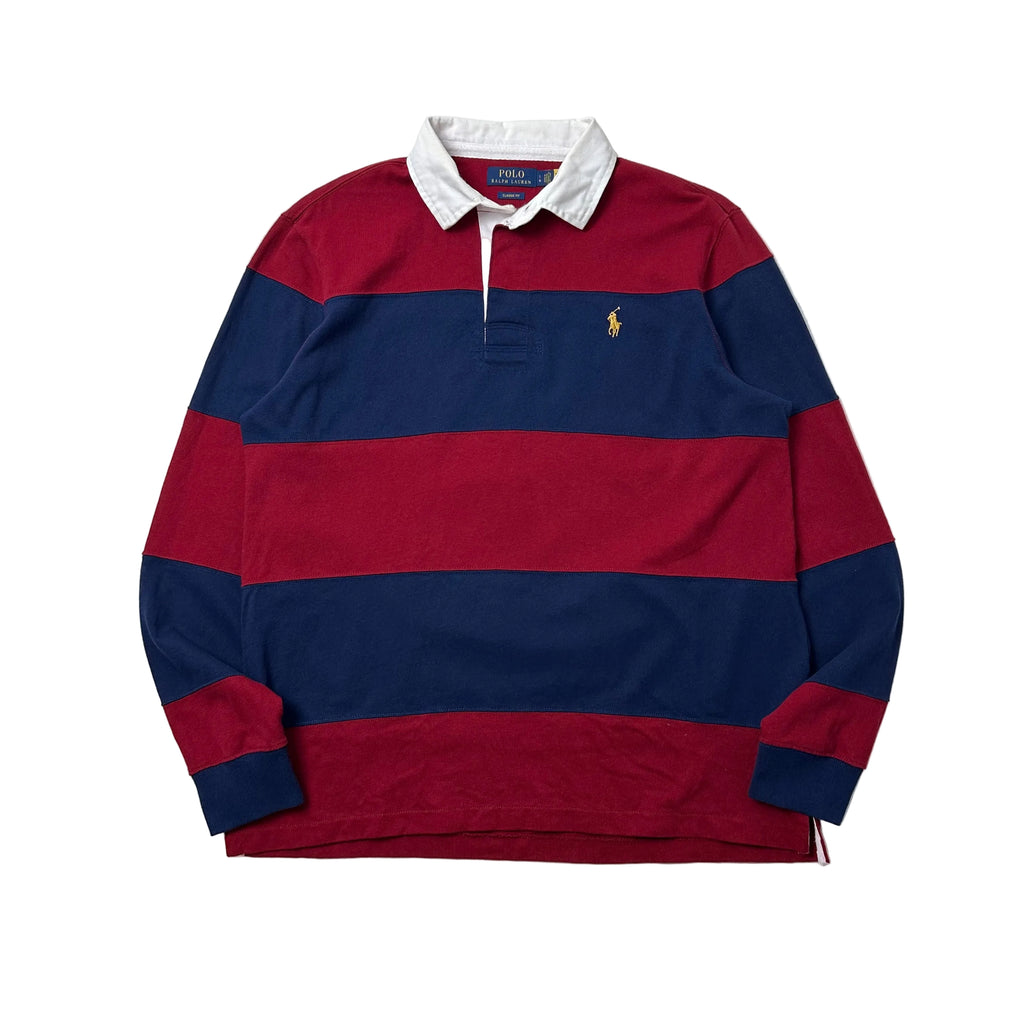Ralph Lauren Iconic Striped Rugby Shirt in Burgundy & Navy Blue ( Size Large ) — SOLD